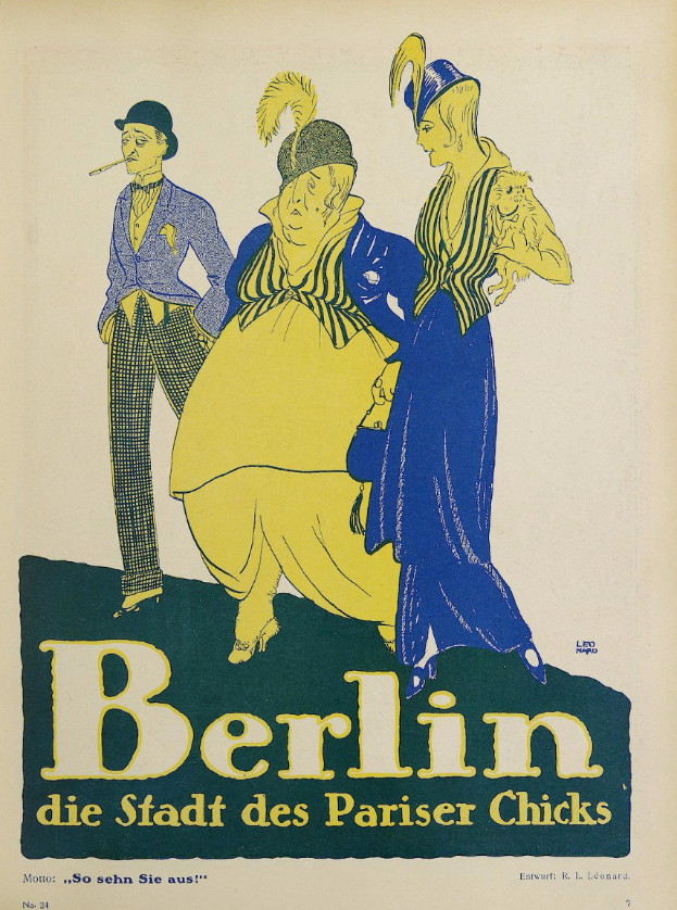 Ein Plakat, das ein Konzert in Berlin, Deutschland, ankündigt, zeigt eine Gruppe von Menschen in bunter Kleidung vor einem Gebäude mit dem Text "Berlin - Die Stadt des Pariser Chicks" oben.