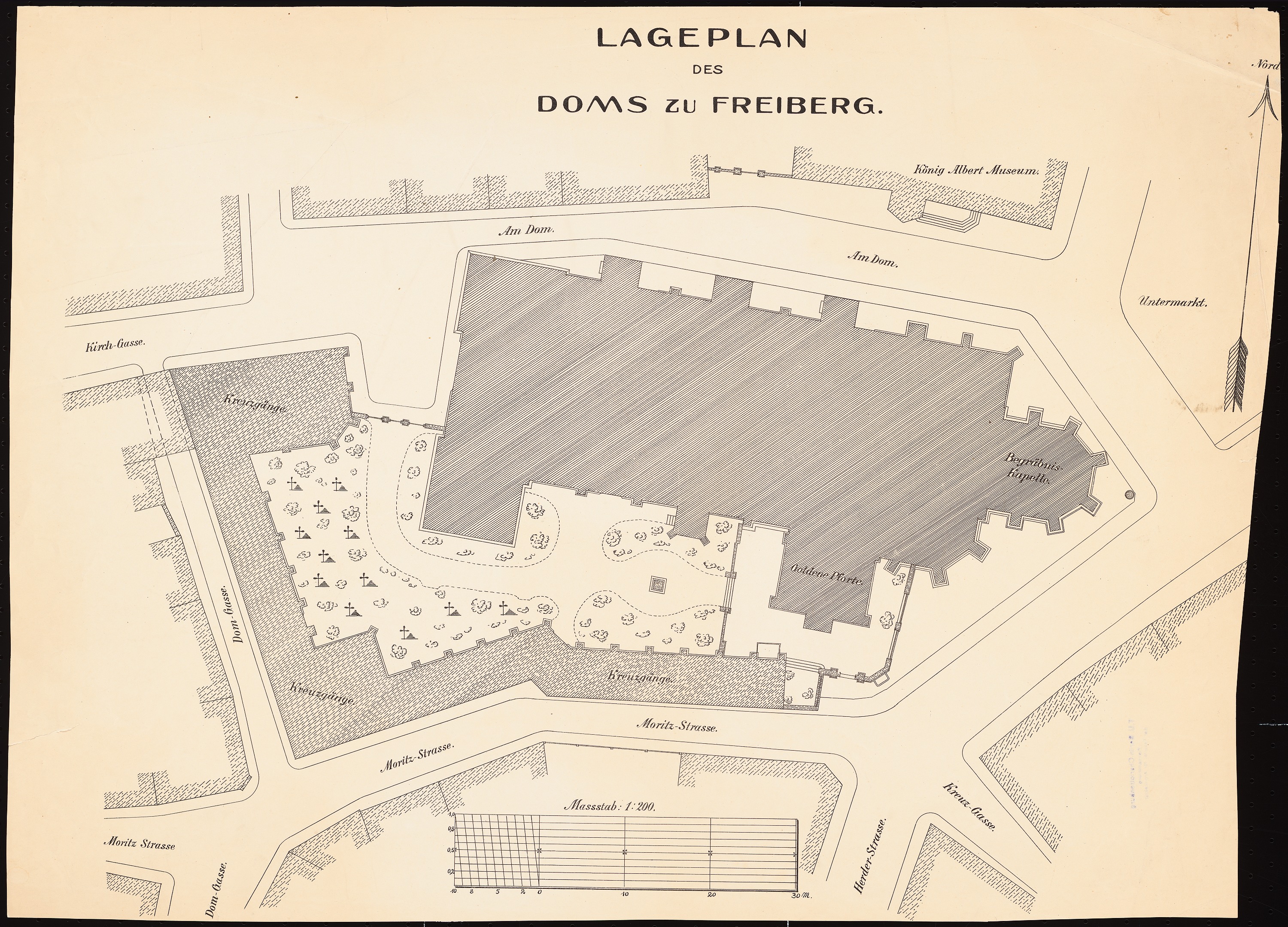 Ein detailliertes altes Stadtplan von Freiburg, Deutschland, auf einem schwarzen Hintergrund, der Gebäude, Straßen und andere Merkmale zeigt.