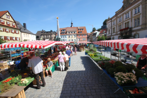 Ein belebter Markt im alten Stadtzentrum von Heidelberg mit Menschen, die spazieren gehen, auf Bänken sitzen und in der Nähe von Zelten stehen, mit Gemüsekörben auf Tischen, Gebäuden mit Fenstern, Bäumen und einem klaren blauen Himmel im Hintergrund.