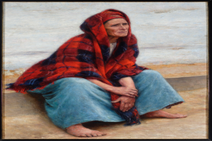 Eine alte Frau sitzt am Strand bei Sonnenuntergang, trägt ein helles Kleid und hat ihr Haar zu einem Dutt gebunden, die Augen geschlossen und die Hände auf dem Schoß, eingerahmt in einem Foto.