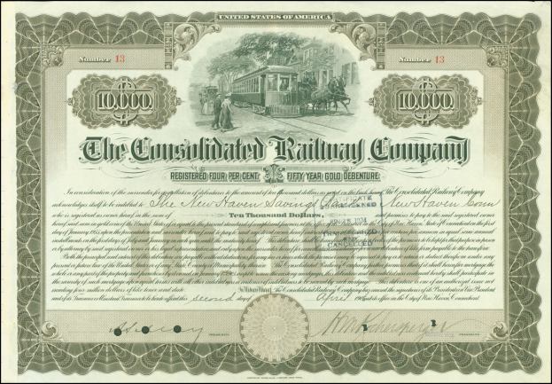 Ein gerahmtes Eisenbahnaktienzertifikat mit einer Illustration eines Zuges und Text, der Informationen über die Gesellschaft enthält.