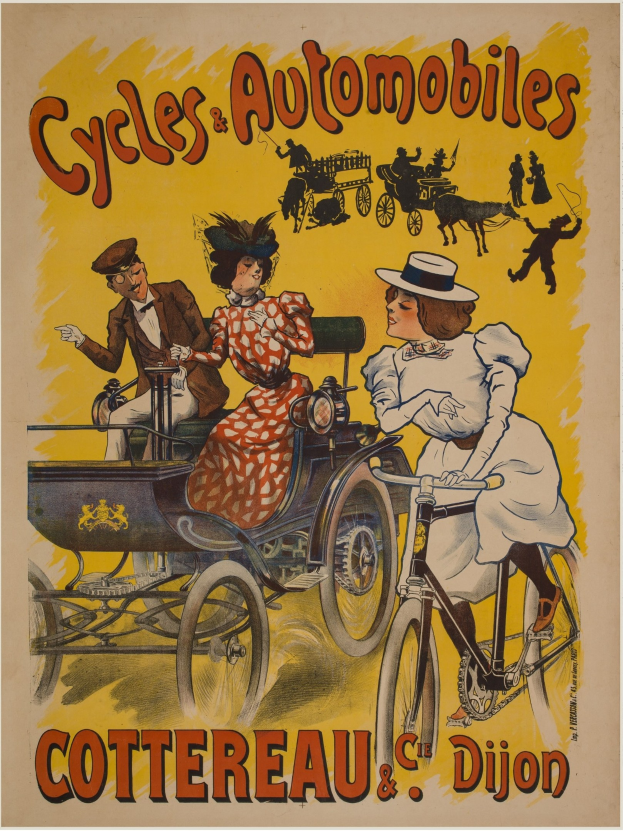 Plakat zur Ankündigung von Fahrrädern und Automobilen in Cottereau und Dijon, Frankreich, das Menschen auf Fahrrädern und eine Kutsche zeigt, mit der Aufschrift "Fahrräder und Automobile".