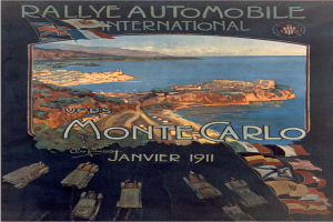 Ein Plakat für die Rallye Automobile International in Monte Carlo, das Hügel, einen See, einen strahlend blauen Himmel und Text zeigt.