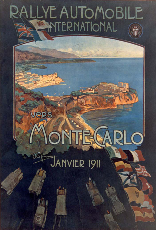 Ein Plakat für die Rallye Automobile International in Monte Carlo, das Hügel, einen See, einen strahlend blauen Himmel und Text zeigt.