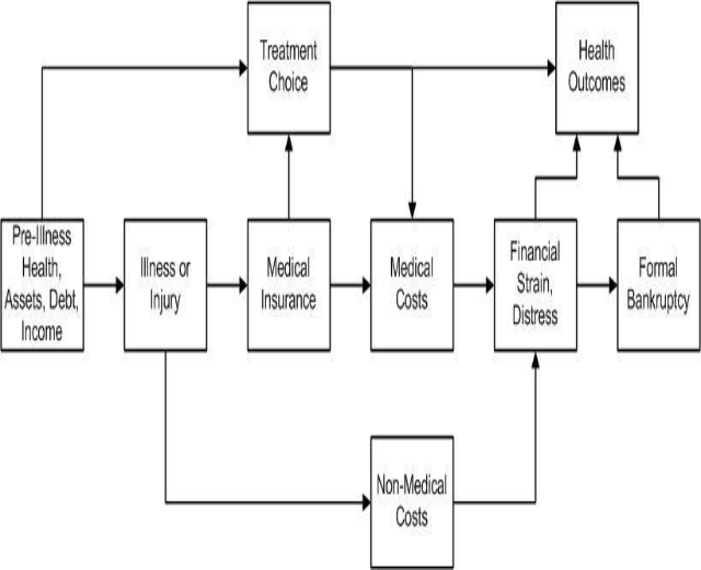 Flussdiagramm, das verschiedene Arten medizinischer Kosten veranschaulicht, die mit Vorerkrankung, Gesundheit und Gesundheitsergebnissen verbunden sind, mit verbundenen, beschrifteten Boxen und Unterabschnitten.