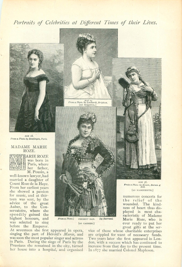 Altes Buchcover mit dem Titel 'Porträts von Prominenten zu verschiedenen Zeiten ihres Lebens' mit einer zentralen Illustration einer Frau in einem langen, hochgeschlossenen Kleid mit einem Dutt.