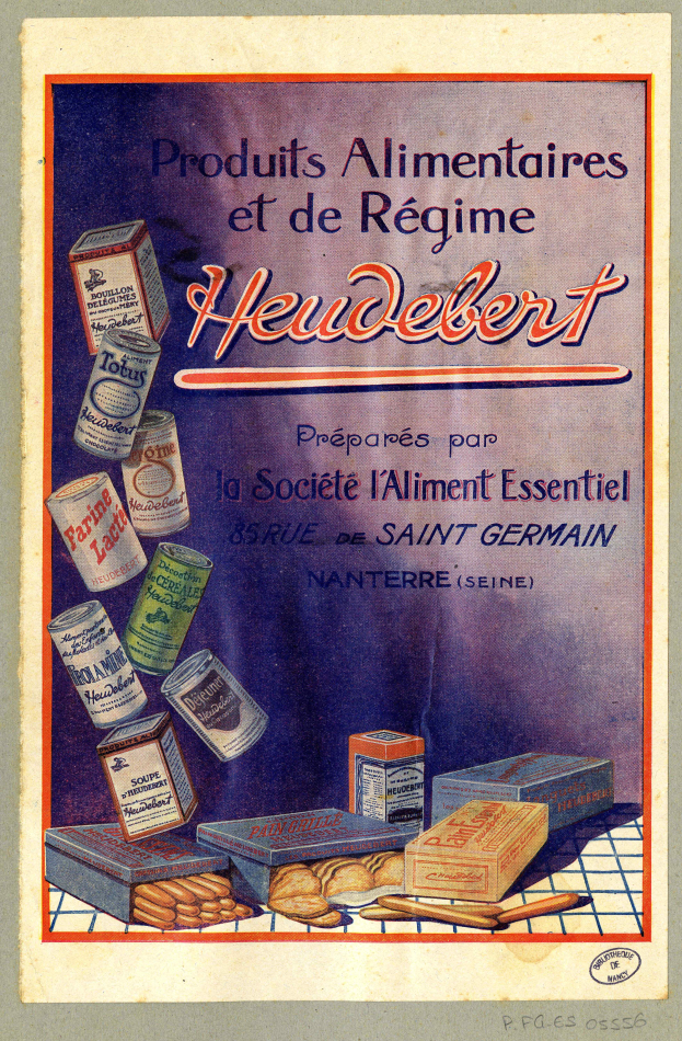 Ein Plakat, das verschiedene Lebensmittel, einschließlich Schachteln, zeigt, mit dem Text "Heidelberg - Produkte Alimentaires et de Régime Heidelberg".