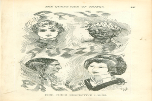 Ein altes Buch mit einer Zeichnung von vier Frauenköpfen und dem Text "Die queere Seite der Dinge."