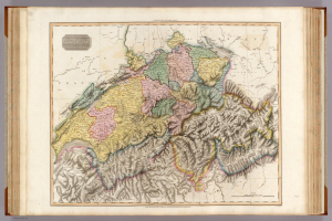 Ein altes Buch mit einer detaillierten Karte von der Schweiz, einschließlich Ländern und Regionen, mit begleitendem Text, der zusätzliche Informationen bietet.