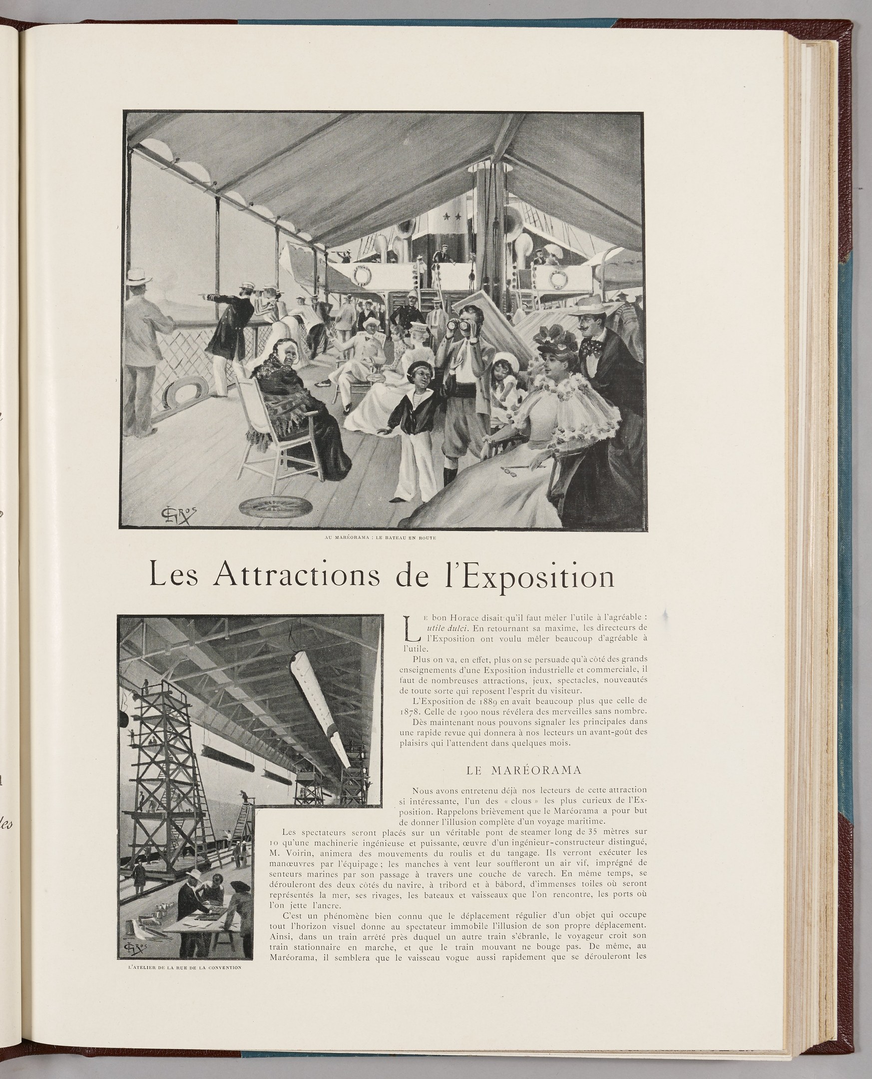 Offenes Buch mit einem Foto von Menschen, die sich amüsieren, auf einer flachen Oberfläche mit Bildern und Texten über Ausstellungsattraktionen.