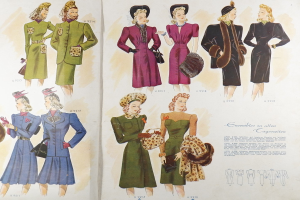Ein Buchumschlag mit einer Frau in einem 1940er-Kleid und Hut, umgeben von Illustrationen anderer Frauen in ähnlicher Kleidung, mit der Aufschrift 'Fashion from the 1940s'.