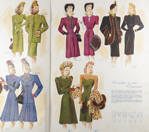Ein Buchumschlag mit einer Frau in einem 1940er-Kleid und Hut, umgeben von Illustrationen anderer Frauen in ähnlicher Kleidung, mit der Aufschrift 'Fashion from the 1940s'.