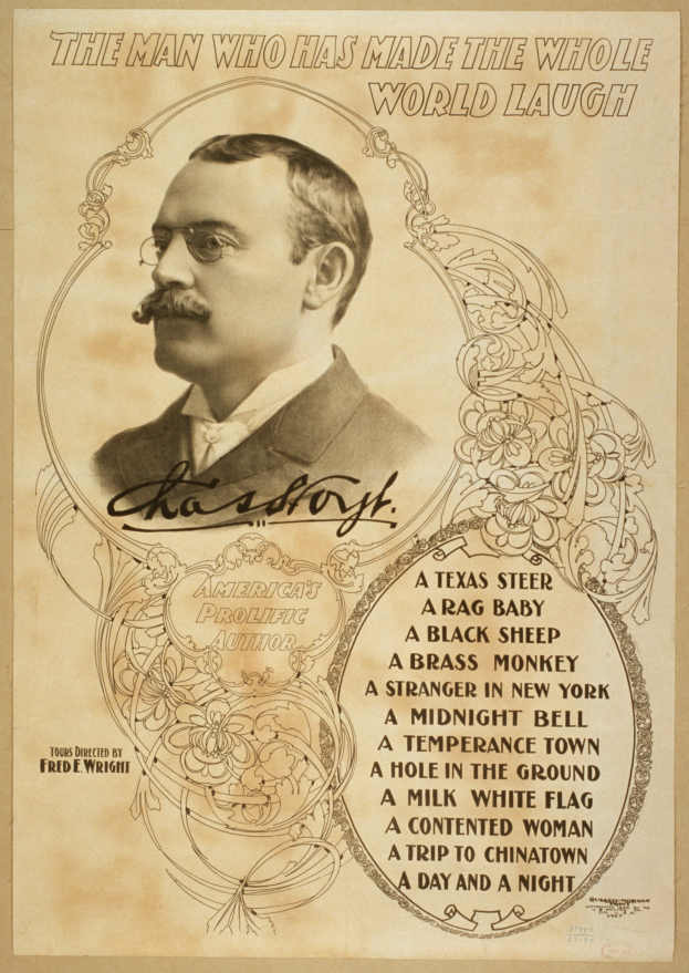 Ein Mann mit Schnurrbart und Brille, der einen Anzug und eine Krawatte trägt, sieht ernst aus und schaut konzentriert in die Ferne, mit der Aufschrift "Der Mann, der die ganze Welt zum Lachen gebracht hat" darüber.