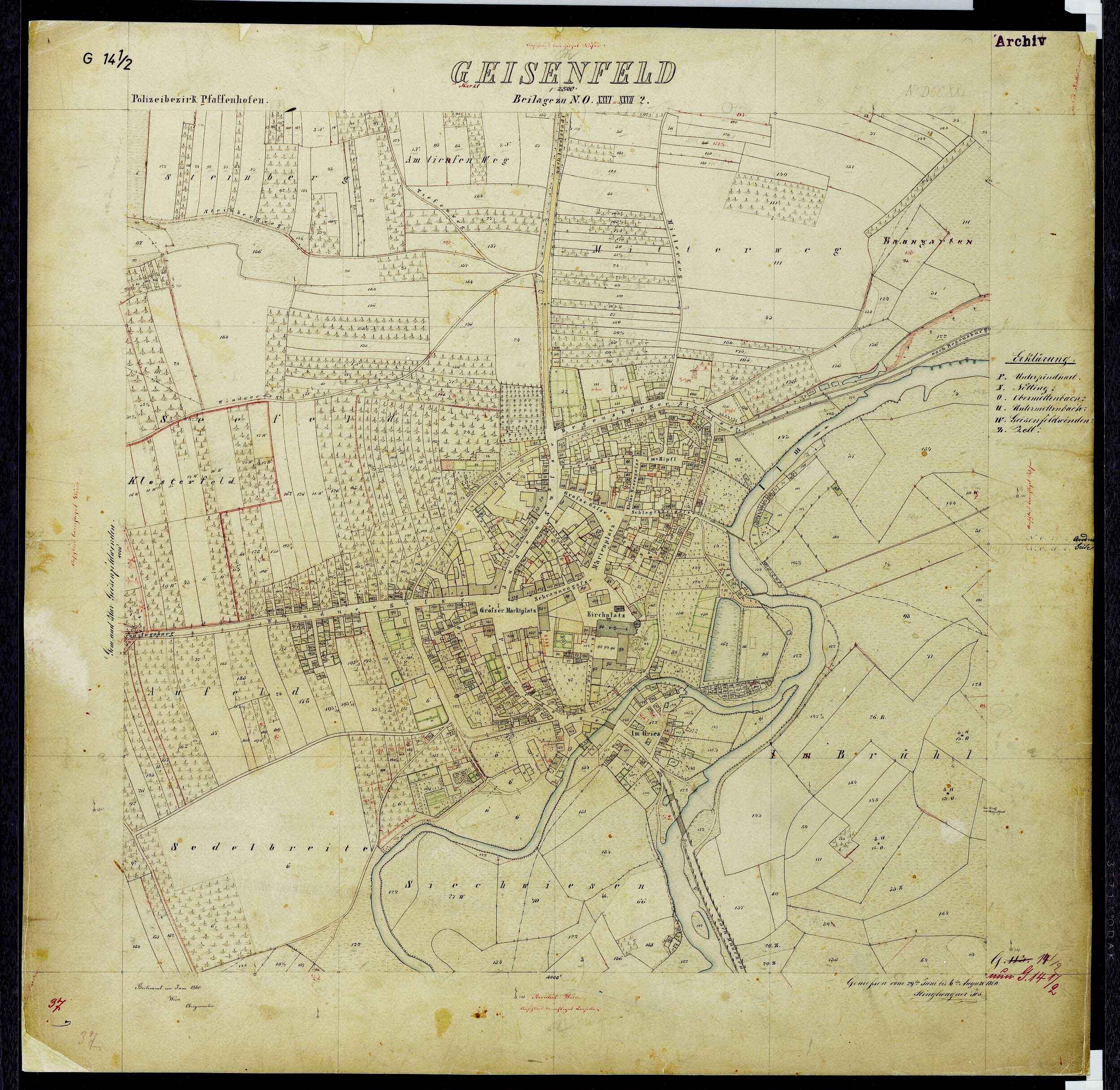 Eine alte Karte von Gelsenkirchen, Deutschland, mit schwarzem Rand, die detaillierte Straßen, Gebäude und Sehenswürdigkeiten zeigt.