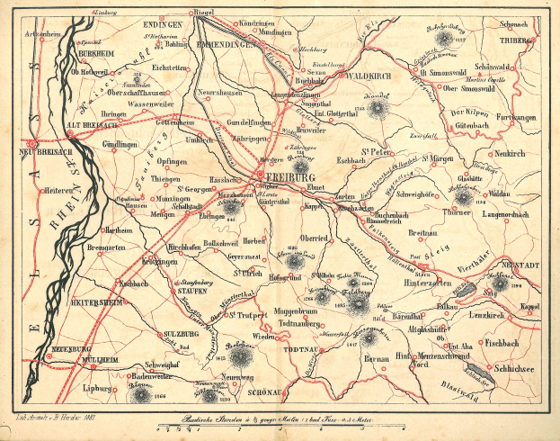Ein detailliertes altes Kartenbild der Schlacht von Freiburg, Deutschland während des Ersten Weltkriegs, das Text und Linien zeigt, die den Standort der Schlacht angeben.