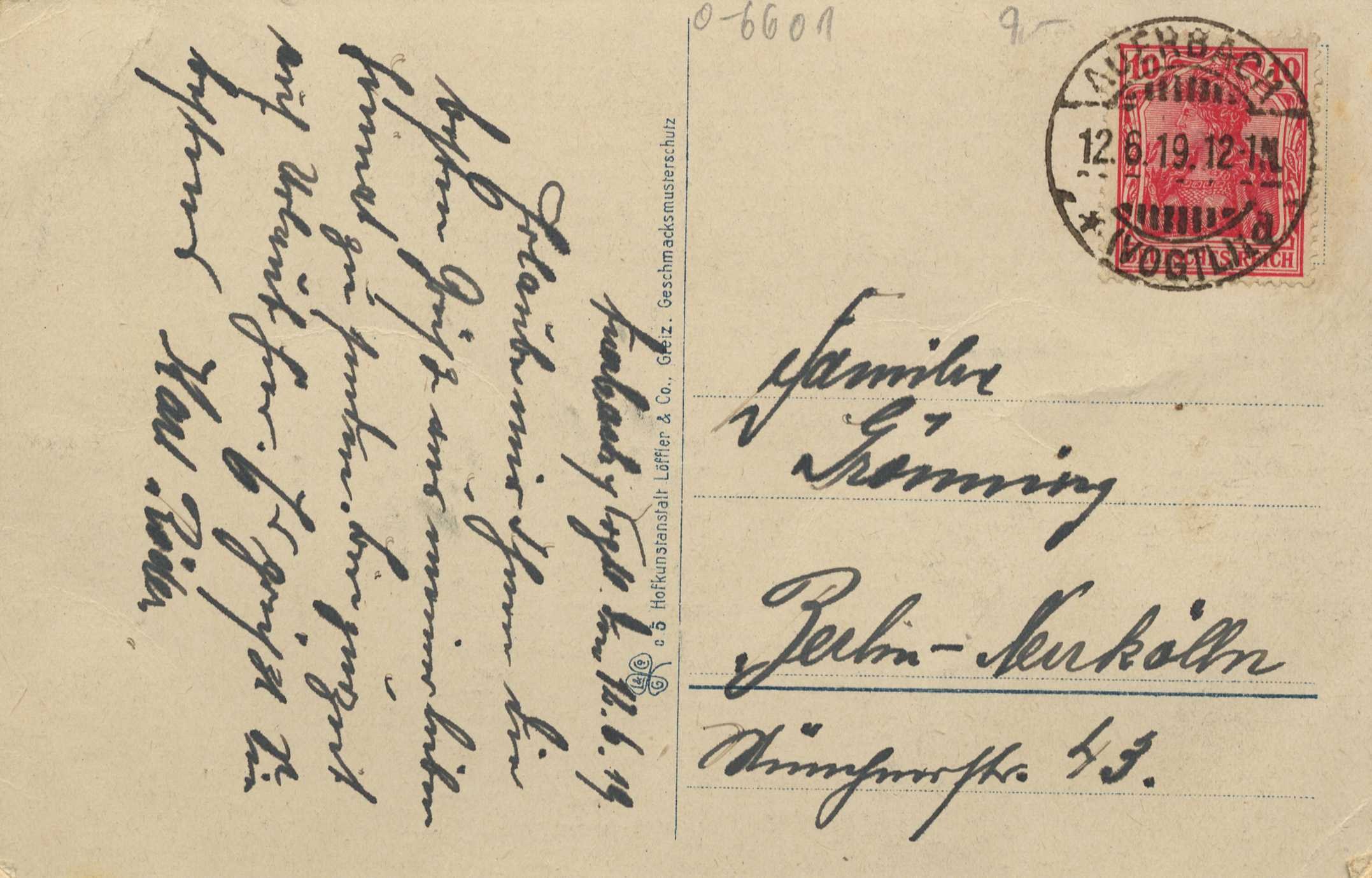 Alter deutscher Postkartenumschlag mit rotem Stempel, der den gedruckten Text "Gesimnacks & Co. & Co." zeigt