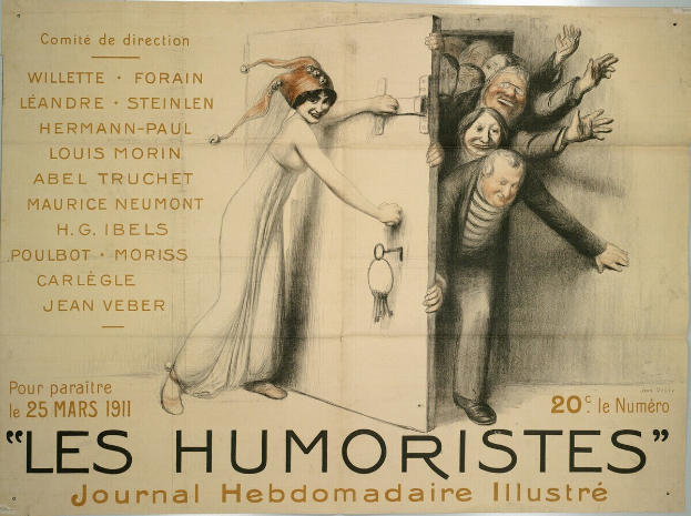 Ein Plakat an einer Gebäudewand mit einer Gruppe lachender Menschen und der Schrift "Les Humoristes Journal Hebdomadaire Illustré" in fetter Schrift oben.