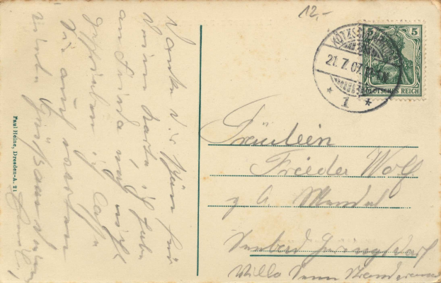 Alte Postkarte mit einem deutschen Stempel, von Dresden, Deutschland, mit der Nummer "21 7c"