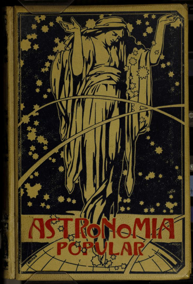 Ein Buchumschlag mit einer Person in einem weißen Hemd mit ernstem Gesichtsausdruck vor einem tiefblauen Nachthimmel mit Sternen, betitelt "Astronomia Popular" in fetter Schrift.