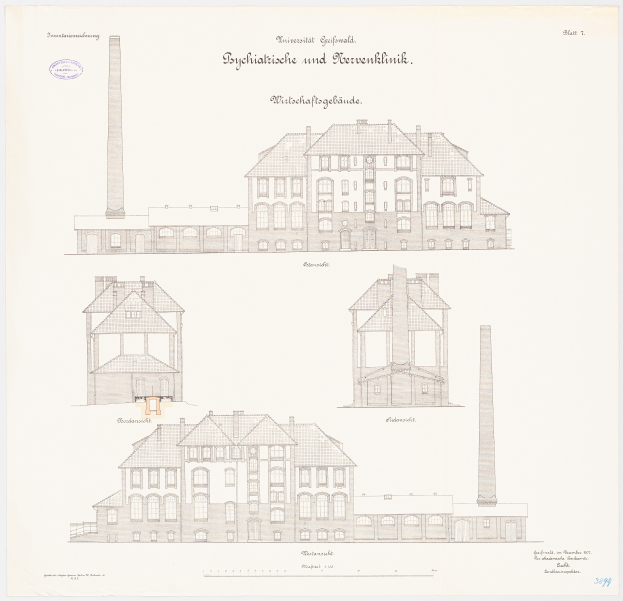 Eine Zeichnung eines mehrfenstrigen Gebäudes mit einem Schornstein, das mutmaßlich ein Psychiatriekrankenhaus in Deutschland ist, mit Text, der weitere Informationen bereitstellt.