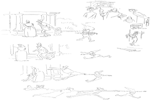 Ein Mann in Zylinder und langem dunklem Mantel tanzt mit einer Frau in Schürze und Kleid, beide strahlen glücklich.