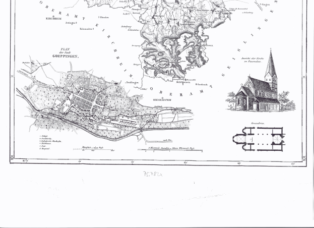 Eine alte Schwarz-Weiß-Karte von Hamburg, Deutschland, mit einer Kirche in der Mitte und Text darauf.