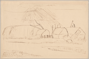 Eine detaillierte Zeichnung auf Papier, die einen Hof mit Hütten im Hintergrund zeigt, umgeben von Gras und anderen Gegenständen.