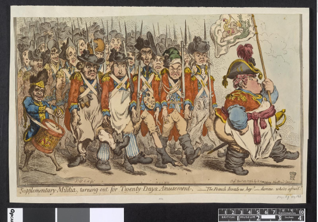 Gruppe von Männern in Militäruniformen marschiert auf einer Straße, einer hält einen Stock in der Hand, mit Text am unteren Rand: 'Ergänzender Militärdienst, Ausmarsch für zwanzig Tage Vergnügen'.