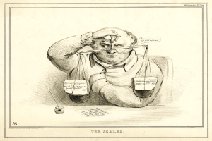 Ein Mann in einem Anzug sitzt an einem Tisch mit einer Waage der Gerechtigkeit vor sich und sieht konzentriert auf Dokumente.