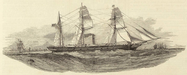 Gravur eines Segelschiffs mit geblähten Segeln, das auf dem Meer segelt, mit anderen Schiffen im Hintergrund, detailliertem Rumpf und Reflexionen der Sonnenstrahlen, und Text unten.