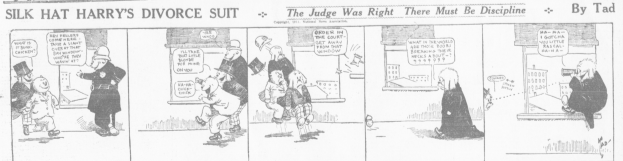 Cartoon-Illustration eines Mannes in einem schwarzen Anzug und einer Frau in einem eleganten Kleid mit ernsten Gesichtern, beschriftet mit 'Scheidungskampf.'