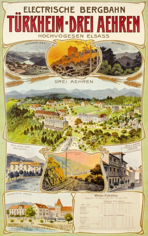 Plakat für Bergbahn, Deutschland als elektrisches Stadt mit Bildern von Gebäuden, Bäumen, Höhen und beschreibendem Text.