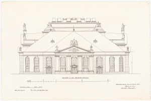 Eine detaillierte Bleistiftzeichnung der Schlosshof-Fassade in Dresden, Deutschland, mit zahlreichen Fenstern und Statuen oben auf dem Gebäude, skizziert auf Papier mit begleitendem Text.