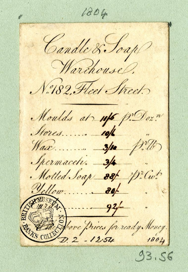 Papierbeleg mit einem "Candle & Soap Warehouse"-Stempel und zusätzlichem gedruckten Text.