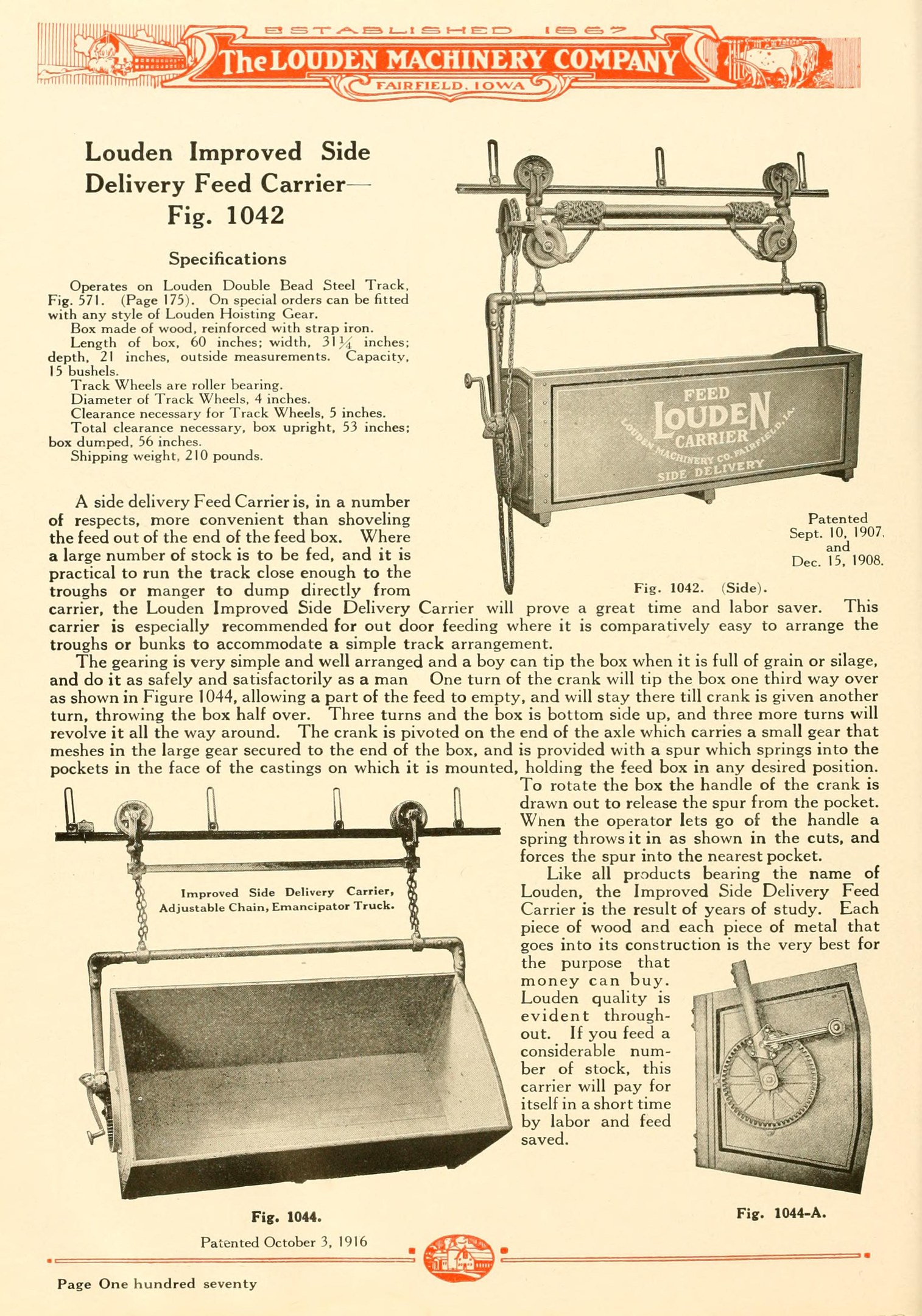 Anzeige für den verbesserten Seitengabe-Feed-Träger von Louden, der eine große rechteckige Maschine mit einem oberen Griff, einer Seitendeckel und einem unteren Förderband zeigt, zusammen mit Text, der seine Spezifikationen beschreibt.
