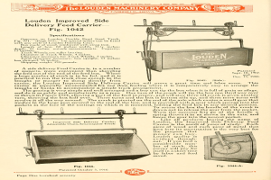 Anzeige für den verbesserten Seitengabe-Feed-Träger von Louden, der eine große rechteckige Maschine mit einem oberen Griff, einer Seitendeckel und einem unteren Förderband zeigt, zusammen mit Text, der seine Spezifikationen beschreibt.