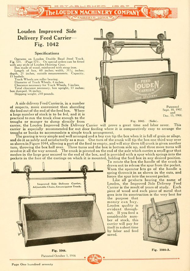 Anzeige für den verbesserten Seitengabe-Feed-Träger von Louden, der eine große rechteckige Maschine mit einem oberen Griff, einer Seitendeckel und einem unteren Förderband zeigt, zusammen mit Text, der seine Spezifikationen beschreibt.
