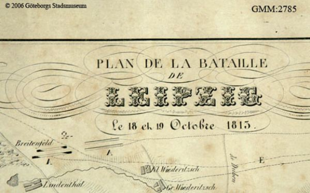 Ein detaillierter alter Stadtplan der Schlacht von Leipzig, der verschiedene Kämpfe zeigt und mit Texten über das Datum, die Uhrzeit und den Ort versehen ist.