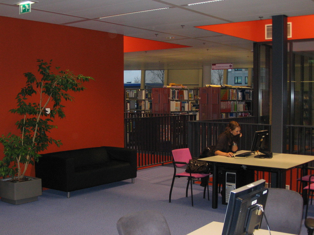 Eine Frau in einem schwarzen T-Shirt bedient ein Computersystem auf einem Tisch, mit einer schwarzen Couch dahinter, einer roten Wand mit einer Pflanze, Bücherregalen und einer weißen Wand mit Fenstern, die ein Gebäude zeigen, alles unter einer Decke.