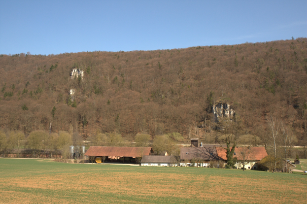 Bauernhof in einer grünen Landschaft mit Gebäuden, Bäumen und Bergen im Hintergrund unter einem blauen Himmel.