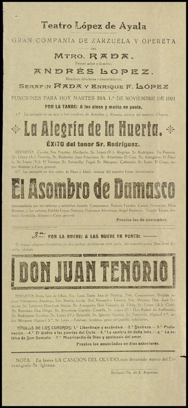 Eine alte Zeitungsanzeige für ein Konzert mit Don Juan Tenorio, mit Text zur Beschreibung des Events.