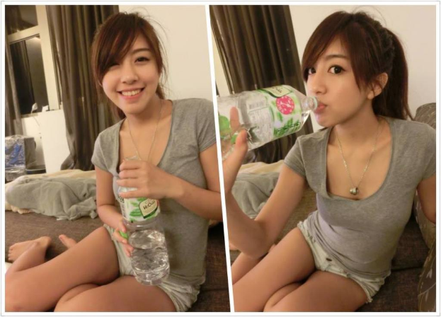 Eine Collage aus zwei Bildern: Eines zeigt eine Person mit einer Flasche, das andere dieselbe Person beim Trinken von Wasser, mit Fenstern, Vorhängen, Kleidung und Gegenständen im Hintergrund auf dem Boden.