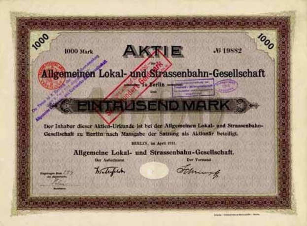 Alter deutscher Regierungsaktienchein mit gedrucktem Text und numerischen Details.