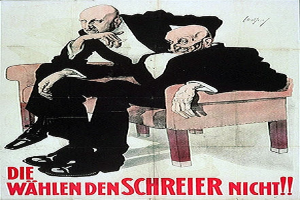 Ein deutsches Propagandaplakat der NSDAP mit zwei Männern auf einem Sofa, das Informationen über die Partei enthält.