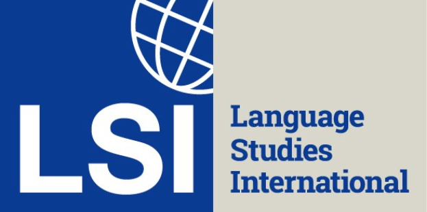 Blauer Kreis-Logo mit weißer Umrandung und 'LSI'-Text, über dem weißen Text 'Language Studies International' auf einem blauen und weißen Hintergrund.