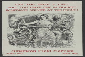 Ein Plakat mit schwarzem Hintergrund, das eine Frau und einen Mann zeigt, mit der Aufschrift "Kannst du ein Auto fahren? Wirst du eines in Frankreich fahren? Sofortiger Dienst an der Front"