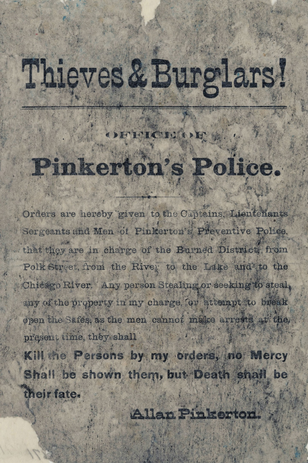 Plakat mit fetter schwarzer Schrift "Diebe & Einbrecher Pinkerton's Police" mittig auf einem weißen Hintergrund gerahmt von einem schmalen schwarzen Rand.