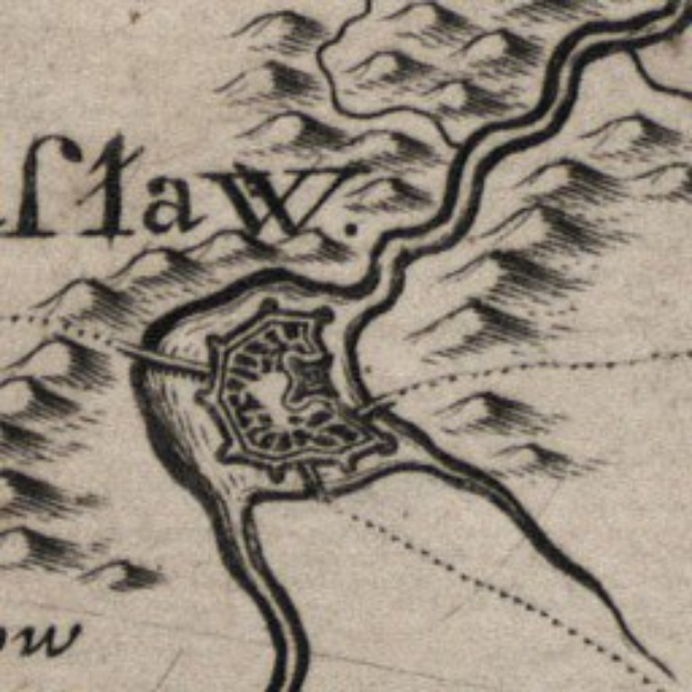 Ein detaillierter alter Stadtplan von Rechtsstadt, der Straßen, Gebäude und Sehenswürdigkeiten zeigt, mit beschreibendem Text.