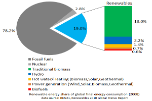 Ein Kreisdiagramm, das den globalen erneuerbaren Energieverbrauch im Jahr 2008 zeigt, unterteilt in Abschnitte für fossile Brennstoffe, Kernenergie, Hydro, Warmwasser, Heizung, Biomasse, Solar, Geothermie und Biokraftstoffe, mit begleitendem Text.