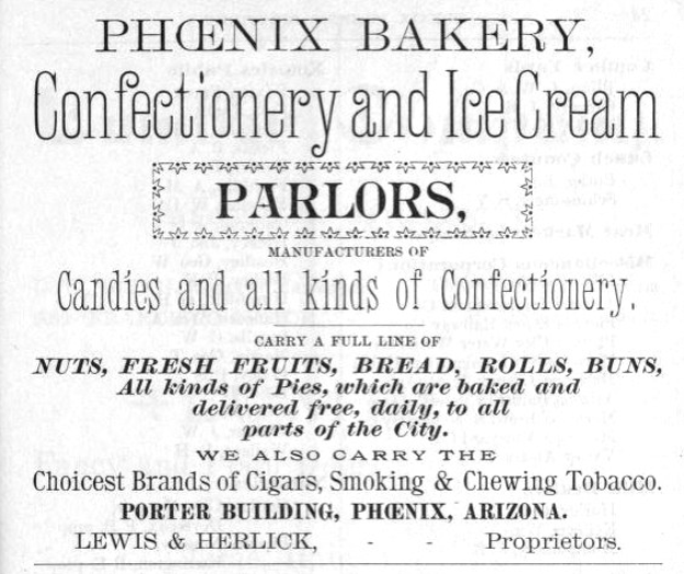 Werbung für Phoenix Bakery, ein Konditorei- und Eisdielenunternehmen, mit Text, der seine Angebote beschreibt.